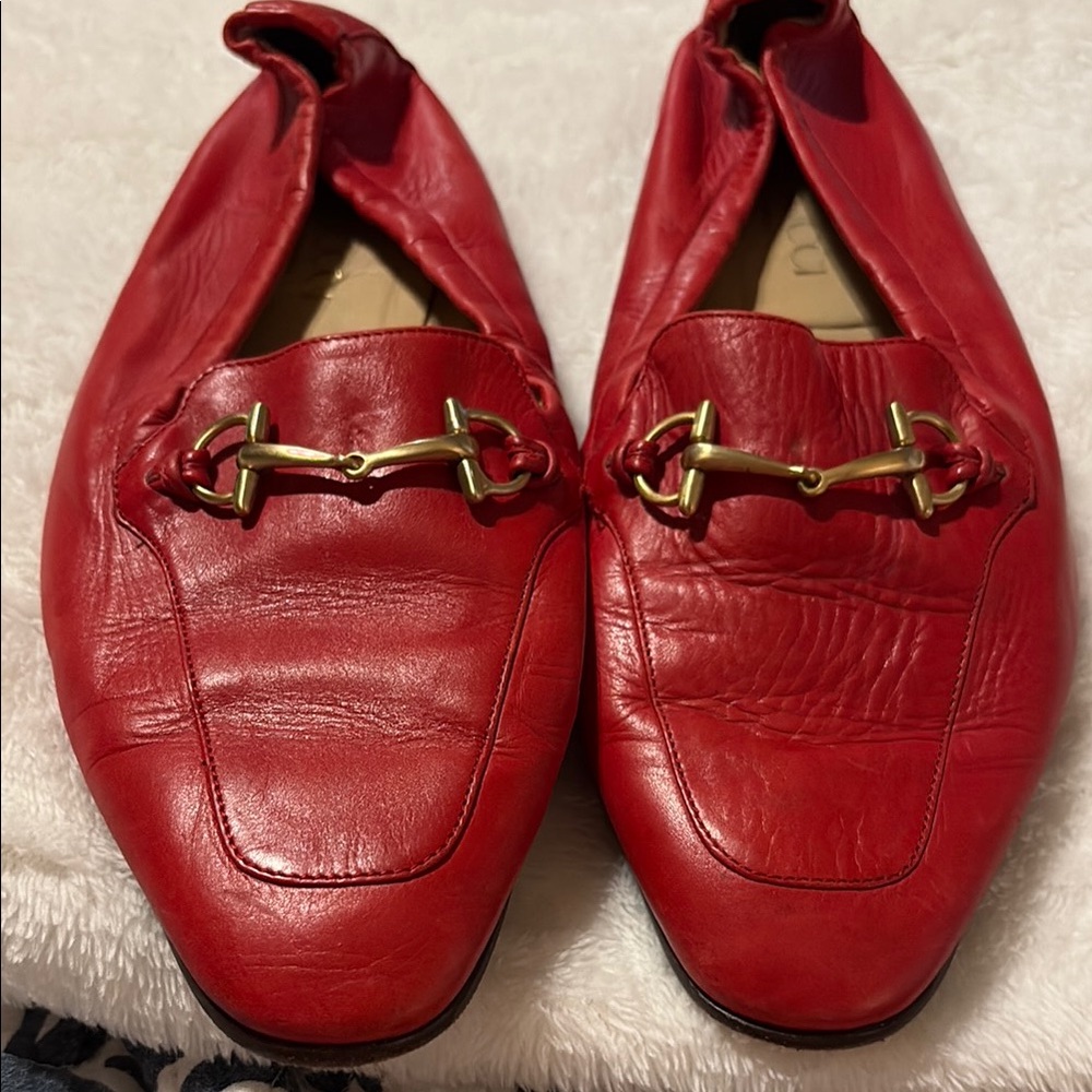 Gucci Red and Gold Leather Flats with Horsebit Detail